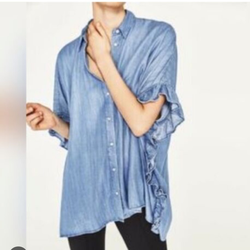 Zara Blue Denim Ruffled Button-Up Top